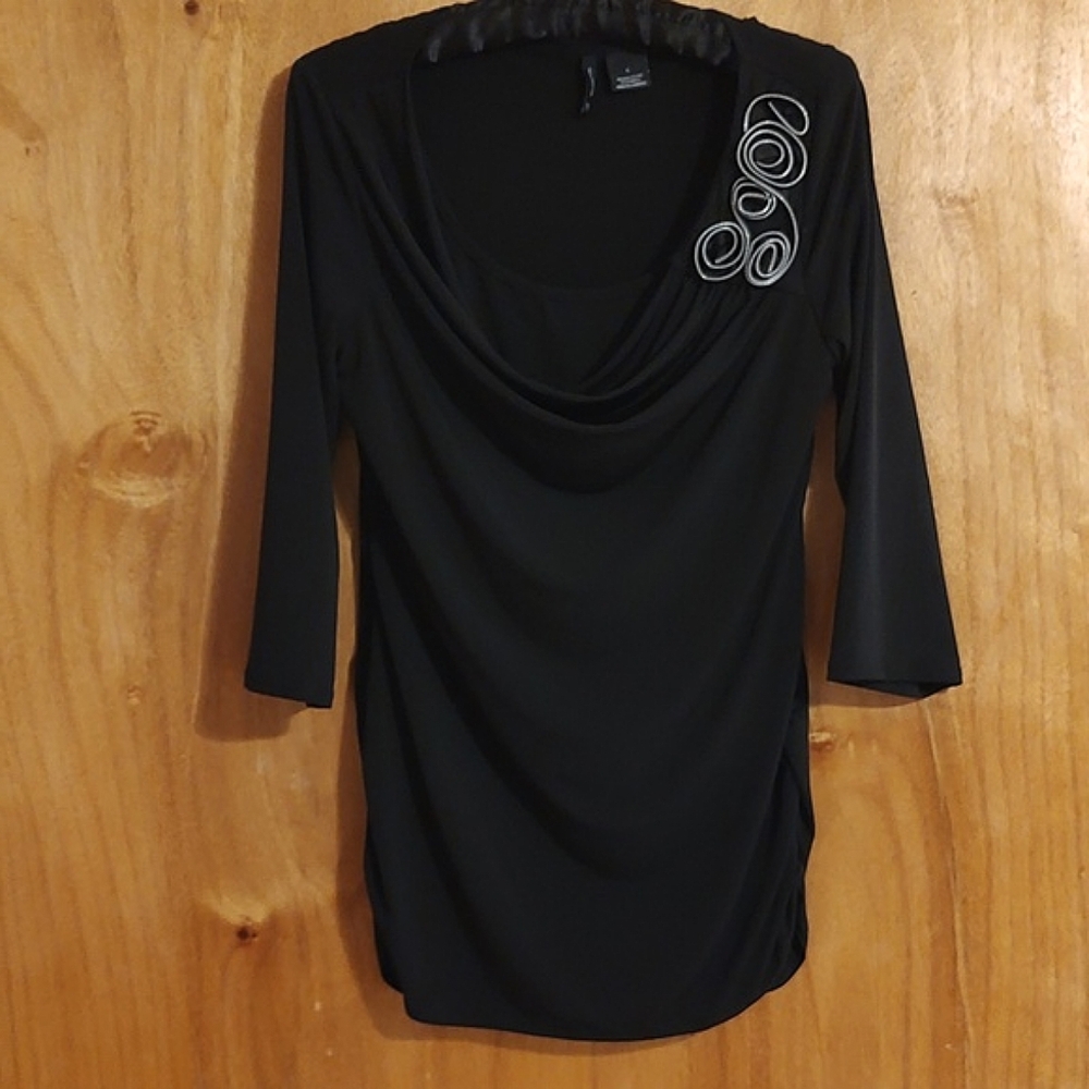 New Directions Stretch Cowl Neck Top Black ¾-Sleeve Ruched Metallic Detail Large - Picture 1 of 9